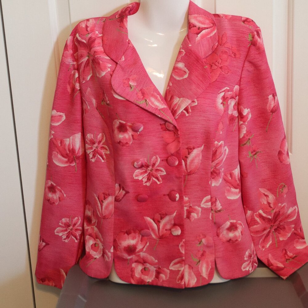 Leslie Fay Vintage Vibrant Pink Floral Print Blazer/Jacket Size 12